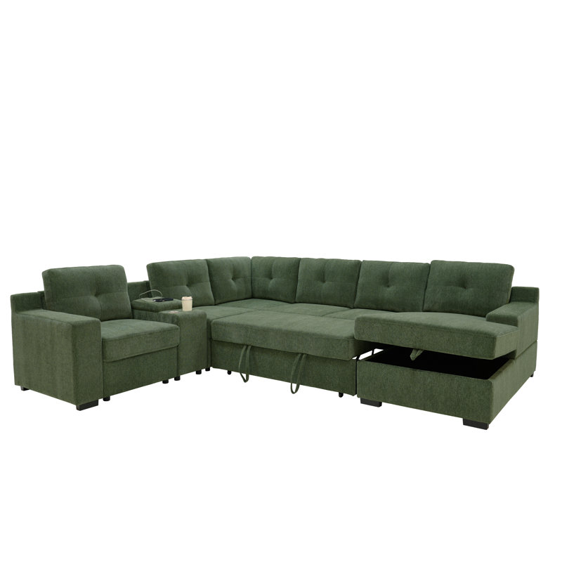 Canapé d'angle en forme de U avec lit gigogne, méridienne de rangement et console, Vert