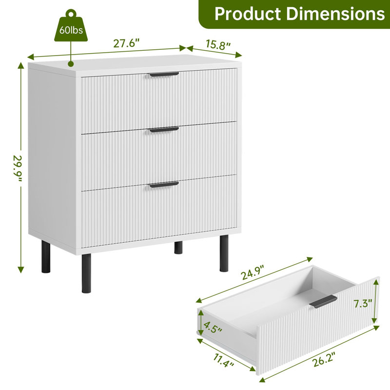 Commode 3 tiroirs Wave, commode moderne avec pieds en métal, Blanc