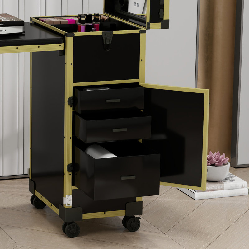 Rolling Portable Manicure Table, Black/Gold