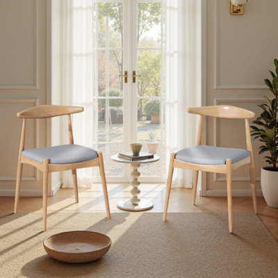 MID-CENTURY RUBBERWOOD DESIGN UPHOLSTERED GRAY CHAIR SET(SET OF 2)