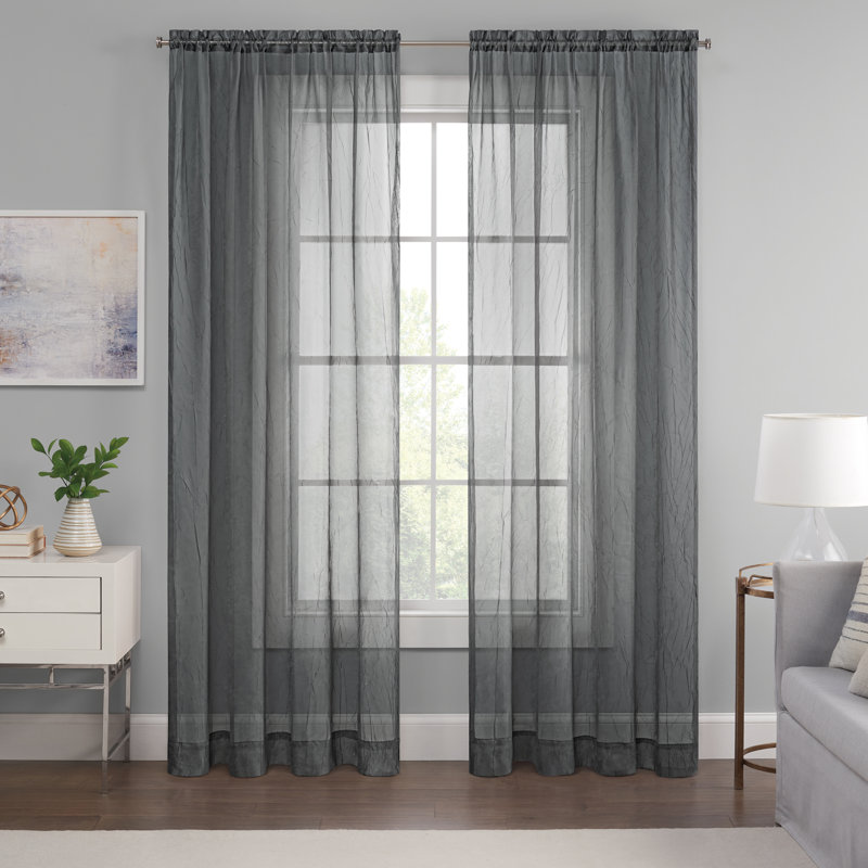 Emina Crushed Sheer Voile Rod Pocket Curtain Panel, 52" W x 95" L, Gray