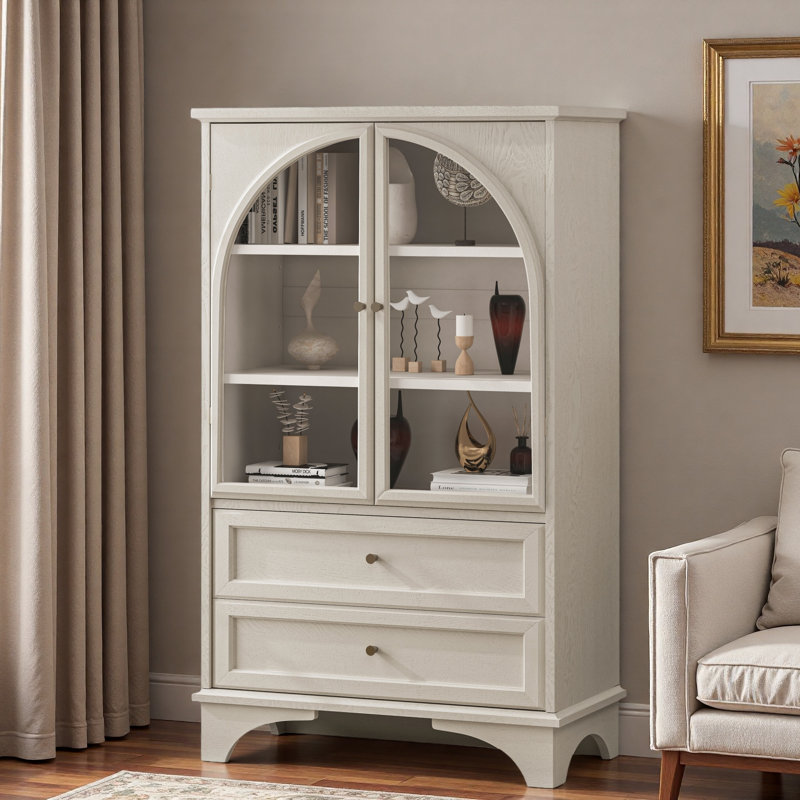 Glass Door Display Case Storage Cabinet With 2 Drawers And Adjustable Shelves, Vintage White