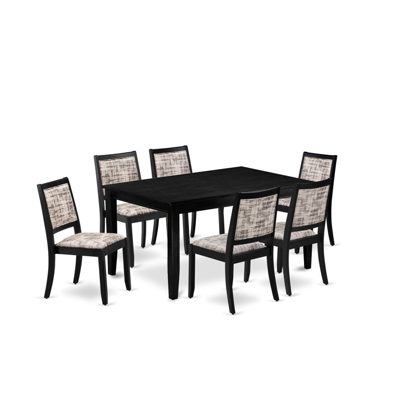 Dining Set Includes a Rectangular Kitchen Table with Black Tabletop and Stackable Polyester Fabric Chairs, Black, 7