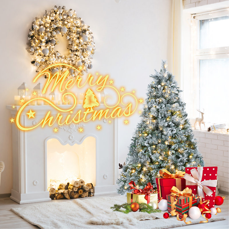 Arbre de Noël enneigé 4 pi avec aiguilles de pin et feuilles d'eucalyptus, 150 lumières DEL blanc chaud, 404 pointes, branches articulées, support en métal - arbre artificiel enneigé pour la décoration des Fêtes