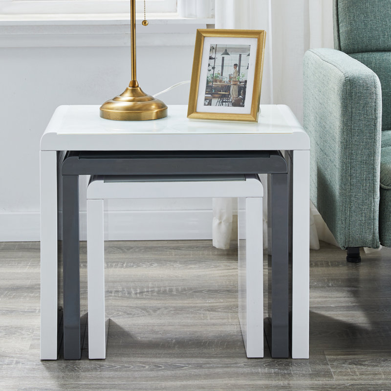 Espartaco High Gloss Glass Top 3 - Piece Nesting Coffee Table/Side Table, Grey & White