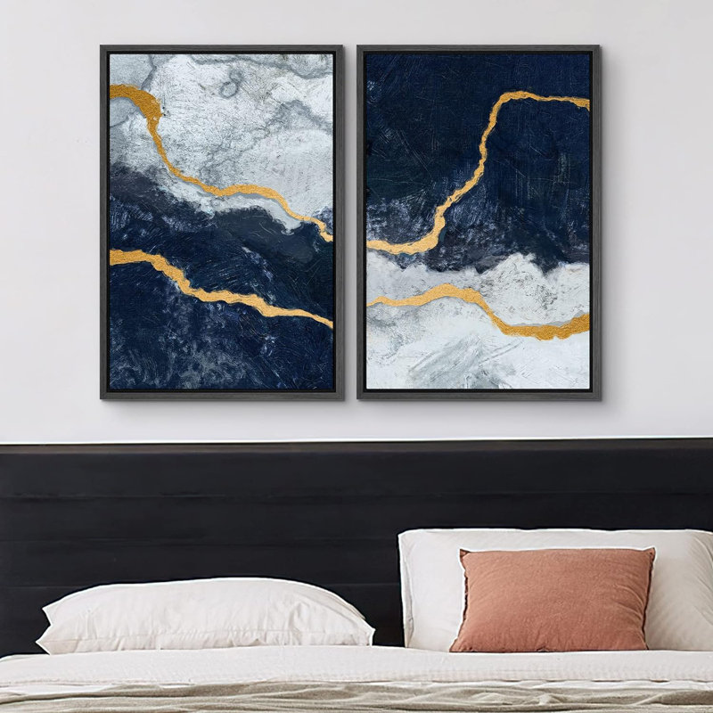 Paysage de marbre bleu et blanc avec rayures dorées et formes abstraites encadrées sur toile, 2 pièces, Noir