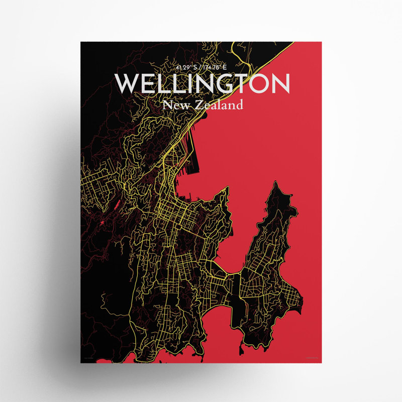 Wellington, carte de la ville, impression, Noir / rouge / jaune, H 24 po x l 18 po