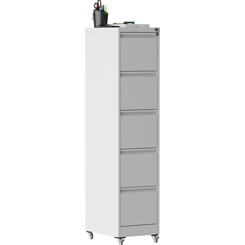 Vertical File Cabinet With 5 Drawers On Wheels, Metal Storage For A4/letter/legal Size Documents, White, 17.71"d*15.55"w*62.32"h, Lockable Smooth Coating Finish Papers, Surface