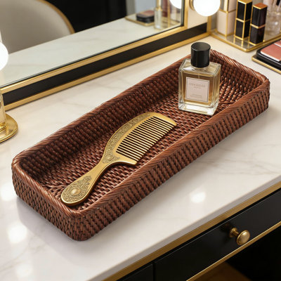 Handwoven Rattan Bathroom Vanity Tray And Toilet Tank Organizer Basket - Long Narrow Storage For Towels And Toiletries, Rustic Farmhouse Decor