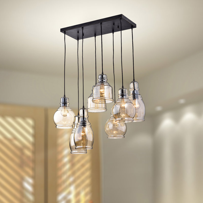 Luminaire suspendu de style pots en grappe en verre cognac noir antique à 8 lumières Nickelson