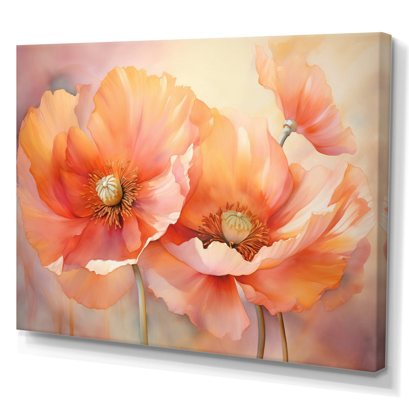 Coral Poppies Romantic Impression VI - Art mural de coquelicots pour le salon, H 34 po x l 44 po x P 1,5 po, Toile tendue