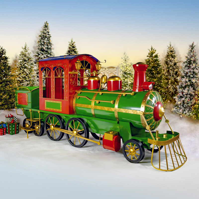 16 ft. Long X-Large Iron Christmas Train with Cart and Lanterns "The Flying Santa", Green/Red