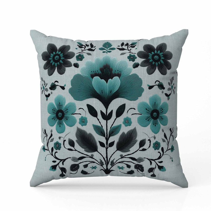 Oreiller en faux suède Rajasthan Bloom, Carré 20 po, Bleu / Vert