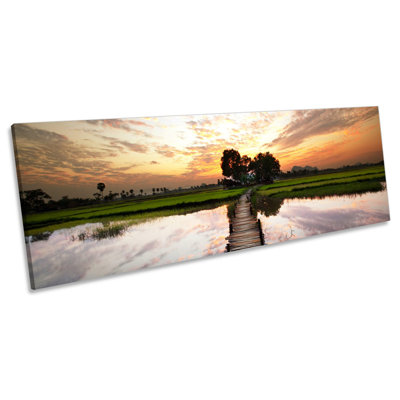 Sunset Lake Jetty Pier - Wrapped Canvas Panoramic Print