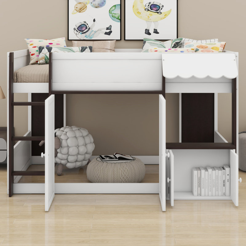 Lit mezzanine pour enfants avec maisonnette et rangement, Blanc + Espresso