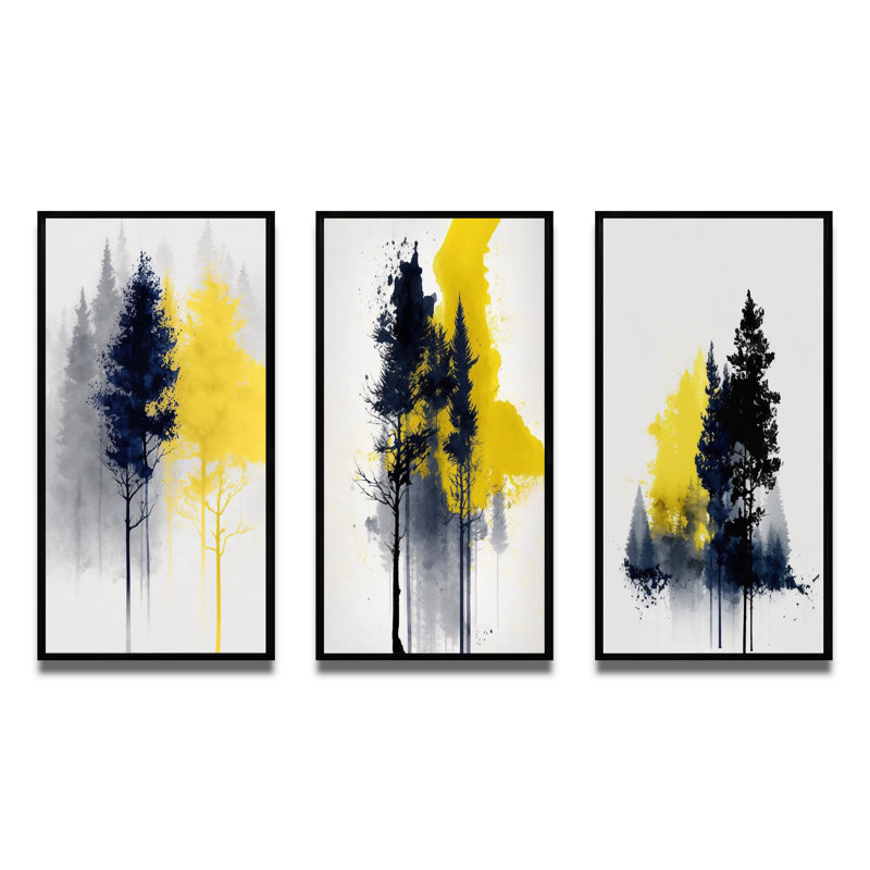 «Yellow Majestic Forest», 3 pièces sur toile, Cadre flottant noir, H 40 po x l 60 po