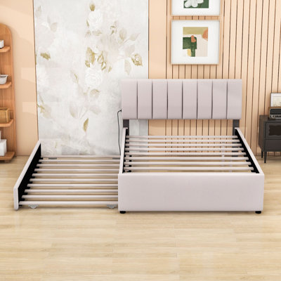 Full Upholstered Bed with Twin Trundle and LED Light