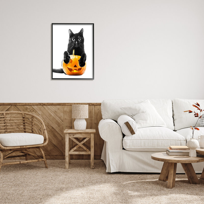 Chat noir et citrouille-lanterne par Annalisa Latella, H 30 po x l 24 po x P 1,5 po, Giclée encadrée noir minuit