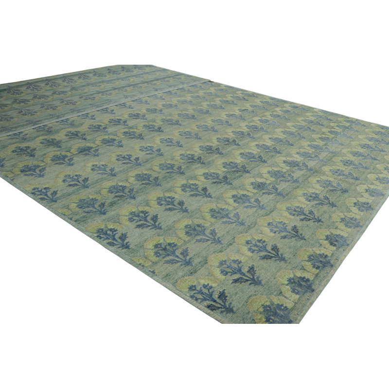 Rug & Kilim’S Oversized Block Print Custom Rug Design, Blue And Green Florals, Rectangle 10' x 14'