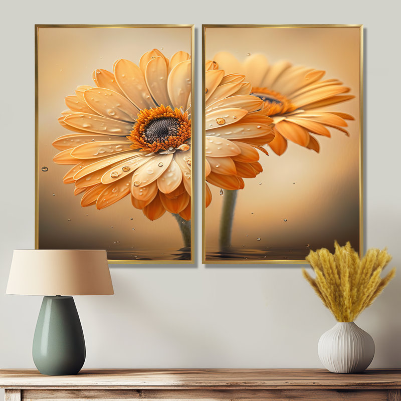"Orange" et marguerites blanches I - art mural traditionnel bleu 2 pièces, H 36 po x l 48 po, Doré