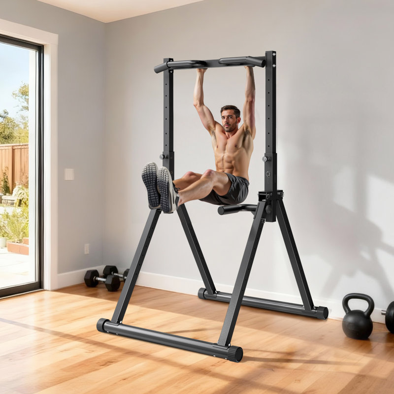 Barre de traction, barre de traction portative d'une capacité de 330 lb, barre de traction autoportante avec structure triangulaire et tube en acier robuste, réglage de la hauteur par gravité à 9 niveaux pour les bras, dossier