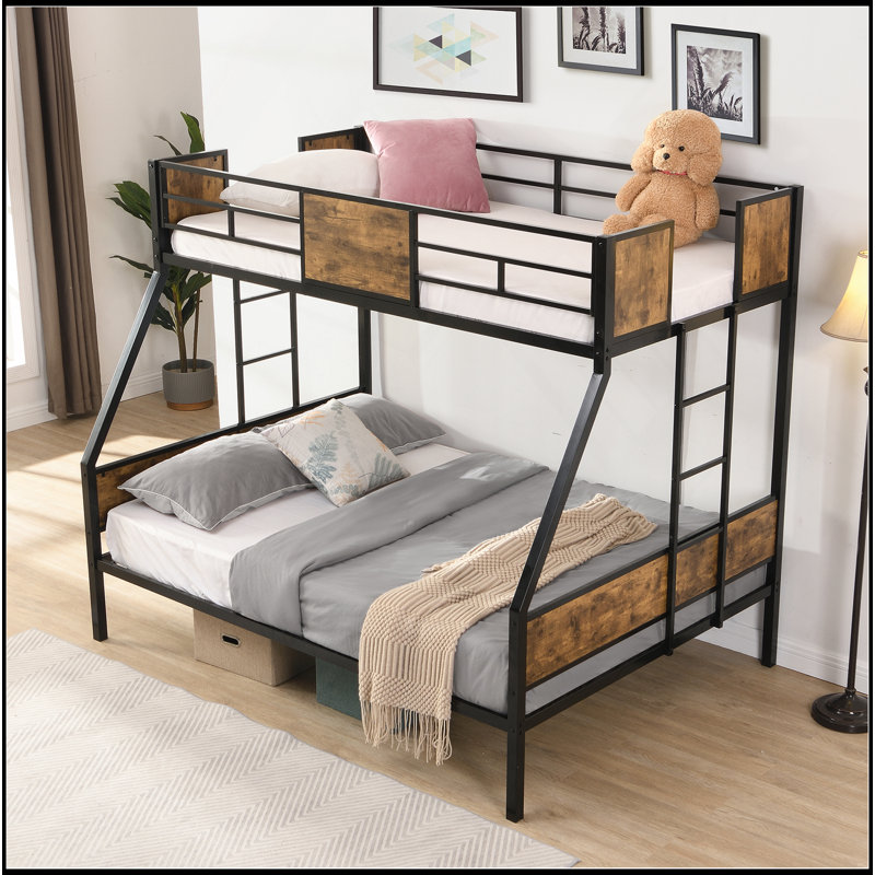 Lit simple superposé simple en métal avec échelle à 2 côtés et garde-corps sur toute la longueur, aucun sommier nécessaire, grand rangement sous le lit, assemblage facile, noir et brun