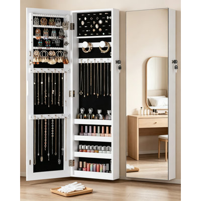Jewelry Cabinet Armoire with Full-Length Mirror, Lockable Hanging Jewelry Organizer and Storage for Wall or Door Mount, Velvet Lined with Shelves and Polishing Cloth, Grain White Square Mirror