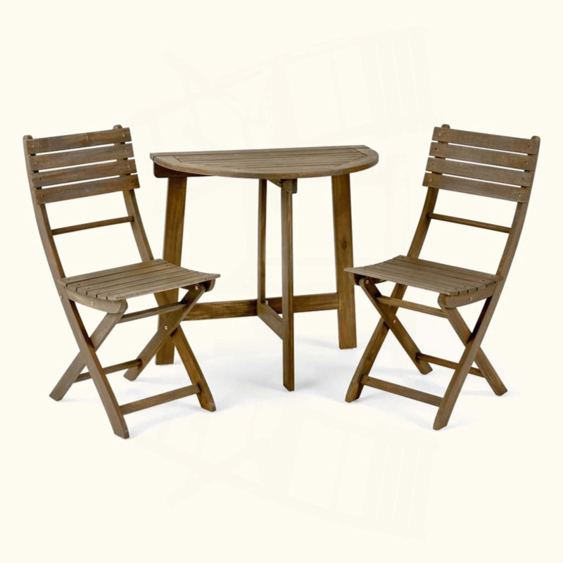 Outdoor 3Pc Half-Round Folding Acacia Wood Bistro Set, Weather-Resistant, Space-Saving