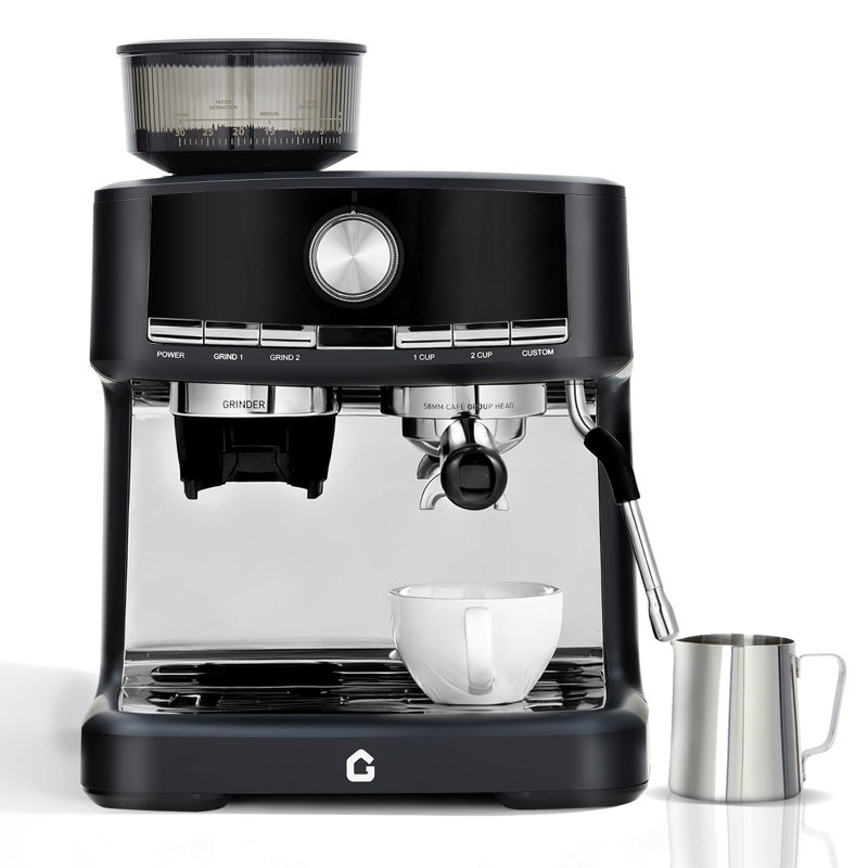 20 Bar Pressure Stainless Steel Espresso Machine with Grinder, 1.5L Removable Water Tank, Milk Frother Steam Wand for Latte/Cappuccino - Adjustable Shot Volume, Professional Home/Office Use