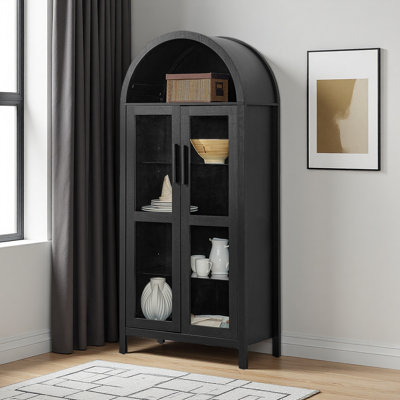 A High Arched Storage Cabinet With A Lamp, A Modern Retro-Style Wooden Storage Cabinet With Adjustable Glass Partitions