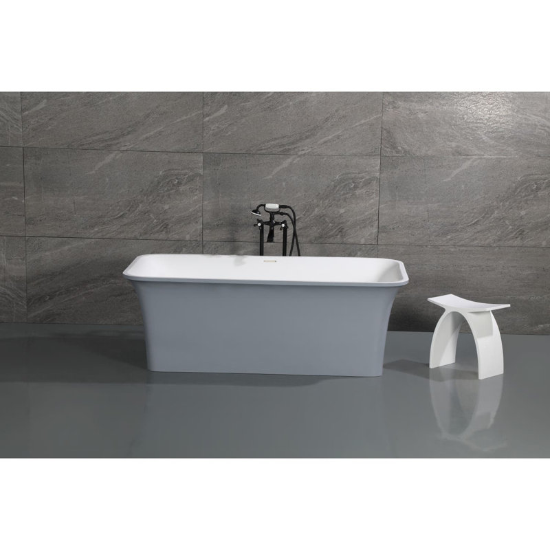 Kingston Brass Arcticstone 67-Inch Solid Surface Rectangular Double Ended Freestanding Tub with Drain, Matte White/Gray