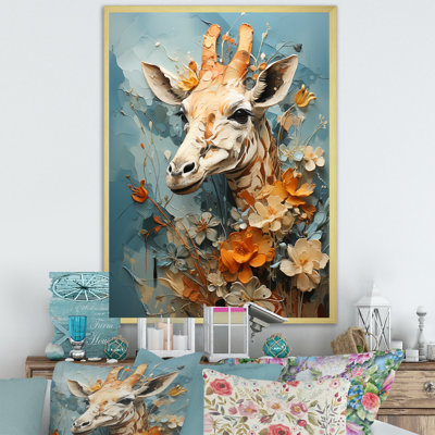 «Blue and beige Giraffe Portrait», art mural sur toile girafe