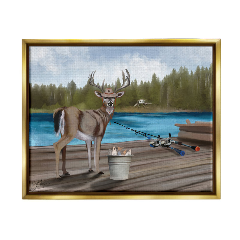 Drôle de pêcheur campant sur un lac flottant, art mural par Elizabeth Medley, H 17 po x l 21 po x P 1,7 po