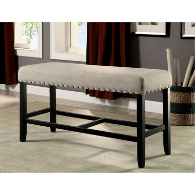 Banc rustique à hauteur de comptoir avec siège beige et finition en bois noir pour la salle à manger