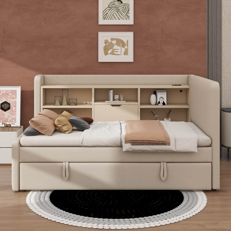 Lit de jour de taille simple recouvert de tissu avec couchette, tablettes de rangement intégrées, points de charge USB, Beige