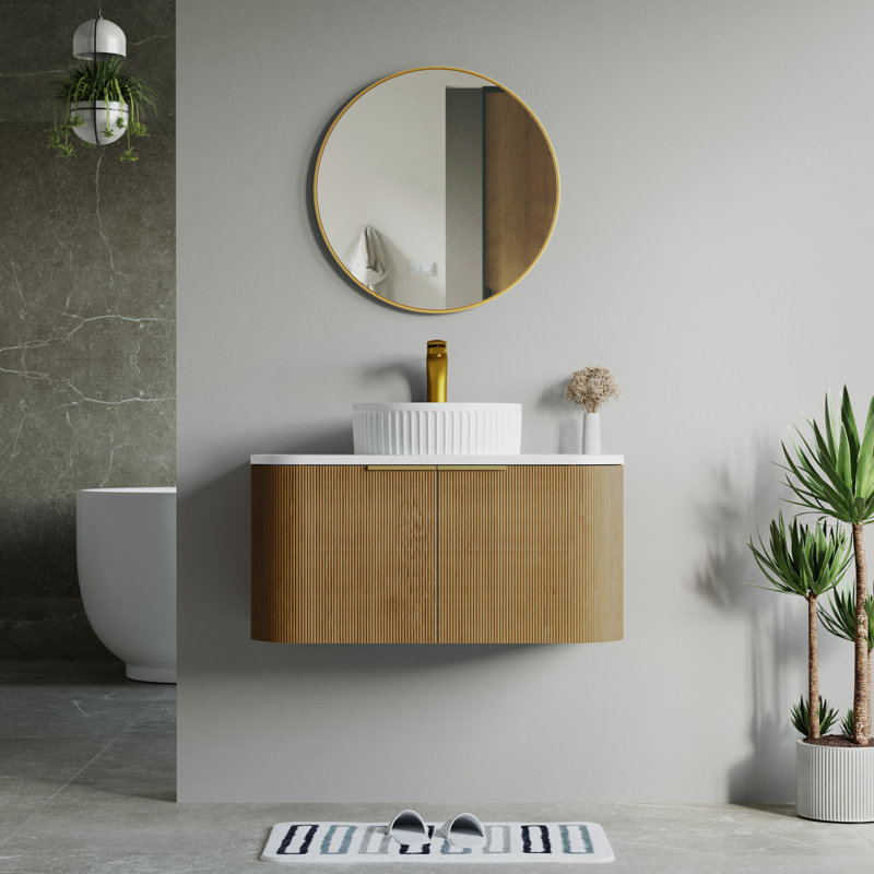 Vireo 34" Single Bathroom Vanity with Marble Top, White, Oak Natural