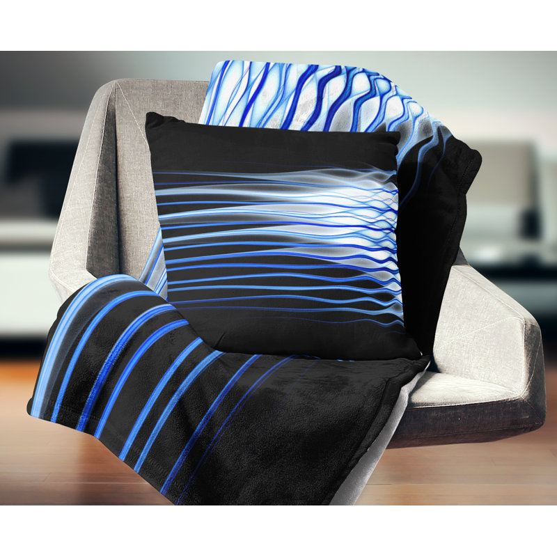 Vagues fractales bleu foncé - coussin abstrait imprimé, 16 po x 16 po, Coussin décoratif
