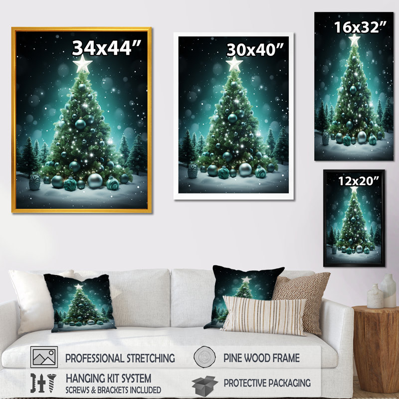 Magical Green Christmas Tree - Winter Landscape, art mural, Cadre flottant brun, H 60 po x l 28 po x P 1,5 po