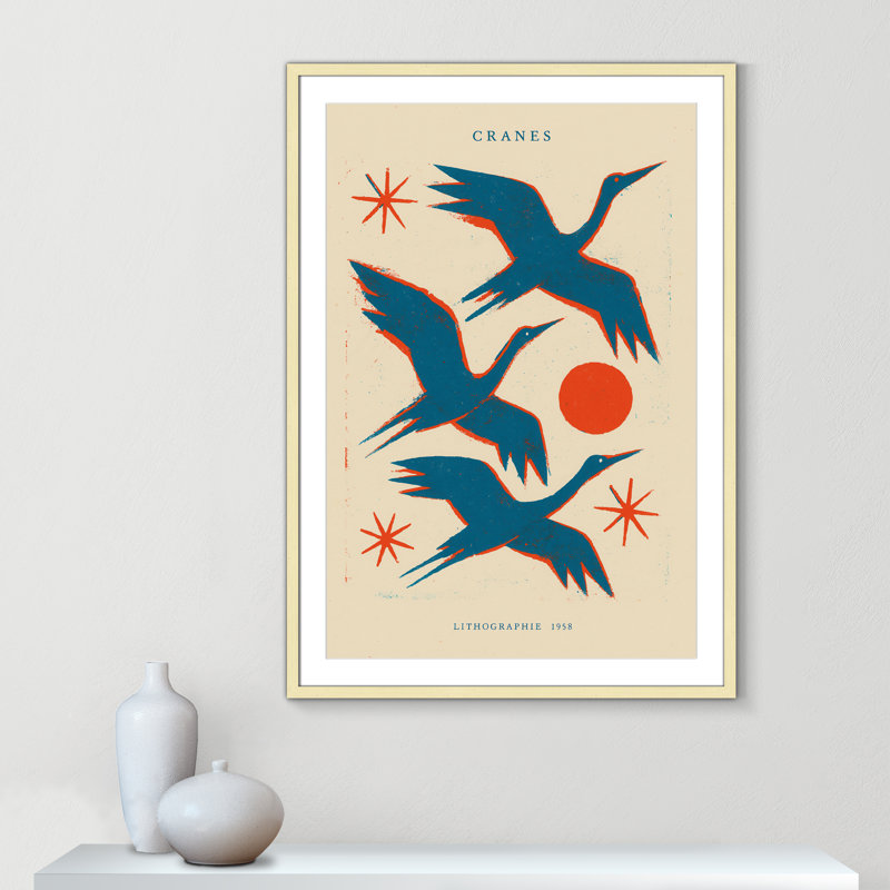 «Cranes» par Treechild, L 29,5 po x H 41,5 po, Matted Print, Or mat