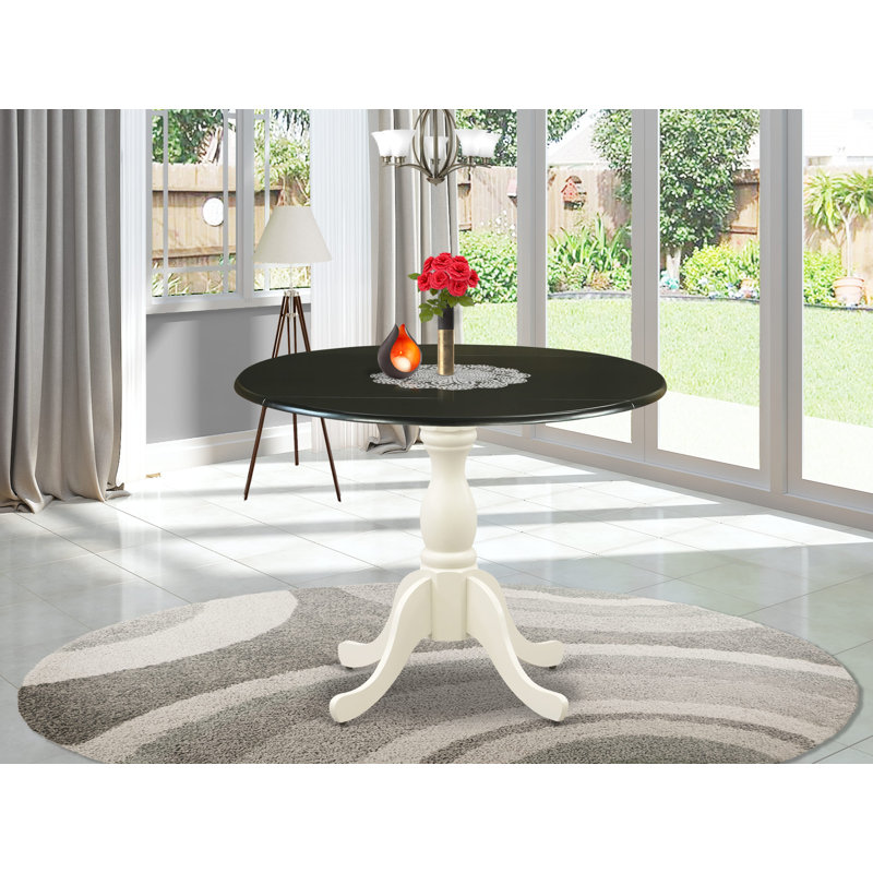 Dining Room Table with Drop Leaves - Black Table Top and linen white Pedestal Leg Finish, Black, Off White