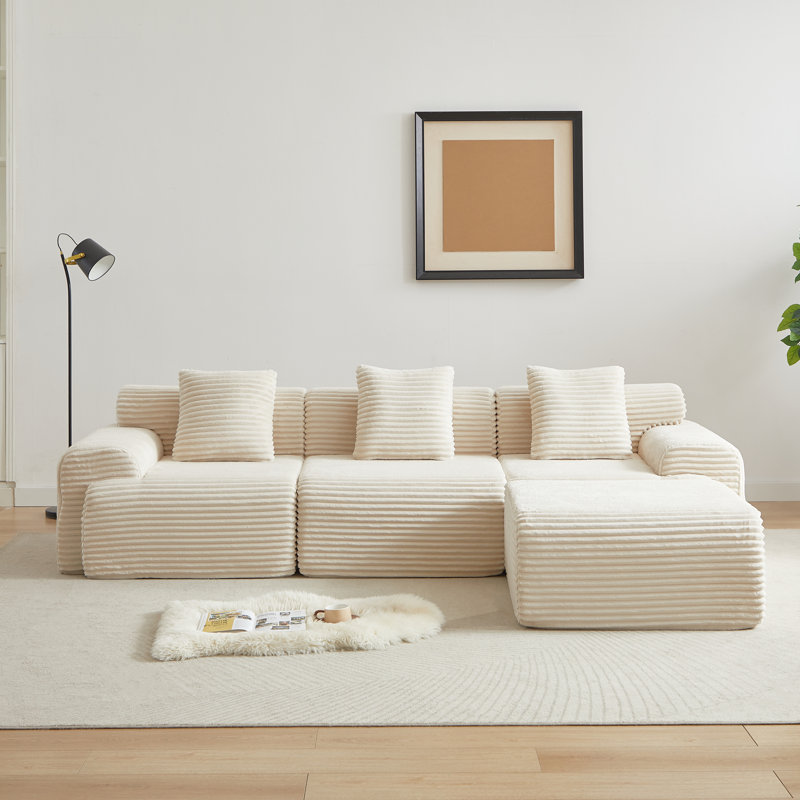 114" Corduroy Upholstered Sectional Sofa with Throw Pillows, Beige Corduroy
