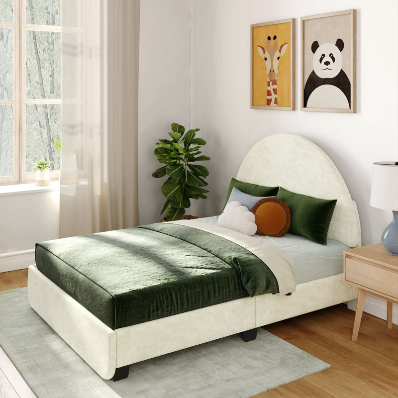 Beunca Solid Wood Upholstered Bed with Arch Headboard, Cream, Full