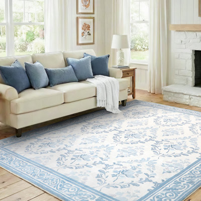 8' X 10' Non-Slip Indoor Area Rug with Floral Pattern Machine Washable,Dusty Blue