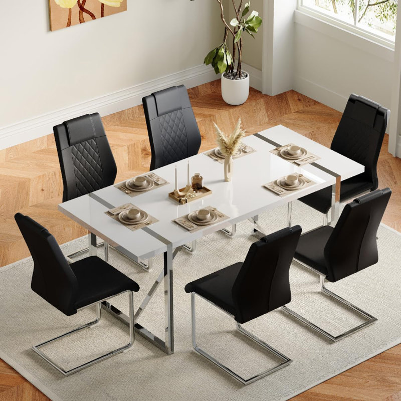Minday Double Pedestal Dining Set, Black/Silver, Silver, 7