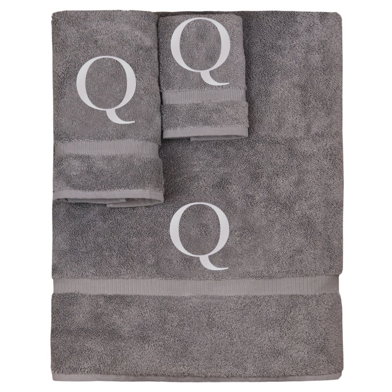Ensemble de serviettes monogrammées - ensemble de 3 - lettre-bloc, Q, Gris / Argent