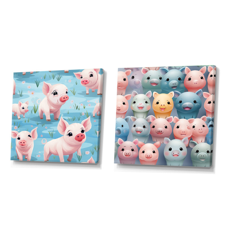 Papier peint mignon avec  pour enfants - animaux, ensemble de 2 collages carrés, Toile tendue, H 16 po x l 33 po