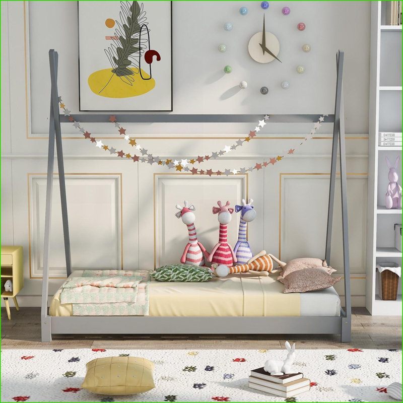 Twin Size Pine Wood &amp; MDF Gray Platform Bed with Stable Triangle Structure, Gray, Twin