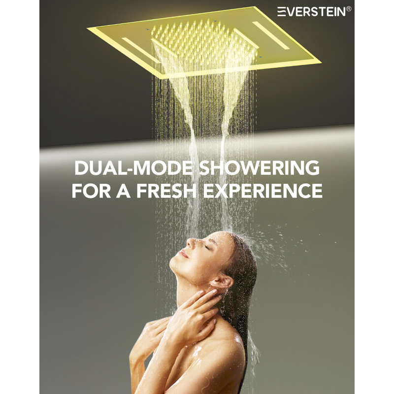Thermostatic LED Rainfall Shower System, Ceiling Mounted Waterfall Showerhead with Handheld Spray, Brushed Gold