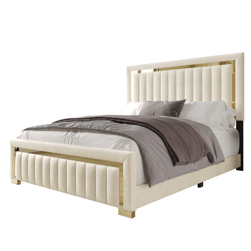 Lit à panneau tapissier Lyn, Beige, Grand 