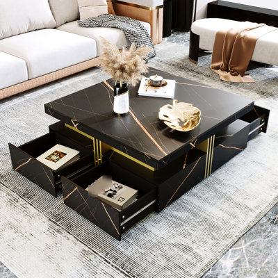Table basse contemporaine carrée noire à 4 tiroirs - Rangement pratique et chic